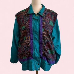 Vintage 90s Jennifer Moore Activewear teal & aztec print windbreaker jacket